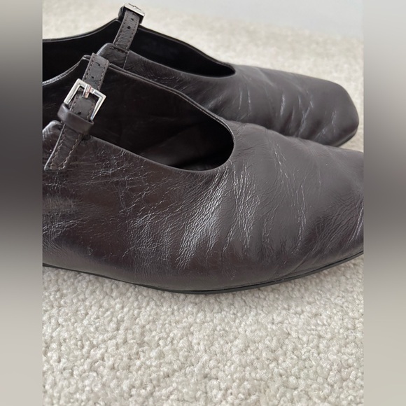 Massimo Dutti Dark Brown Leather Mary Jane Flats Square Toe Minimalist Shoe - Picture 8 of 11